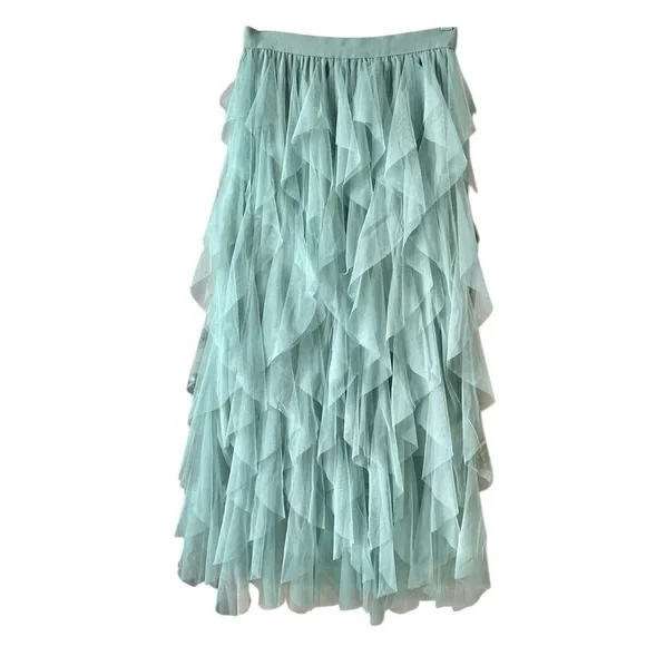 Soho Apparel Women’s Green Layered Flowy Flared Ruffle Boho Long Skirt Medium - Picture 8 of 9